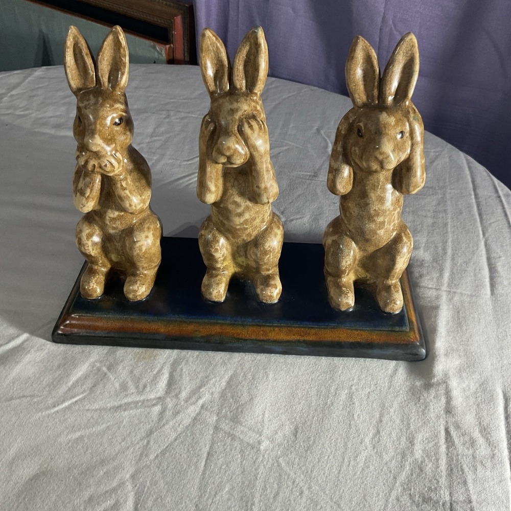 Three Wise Hares Rabbit Statue Bunny Heavy Ceramic Hear Speak See No Evil